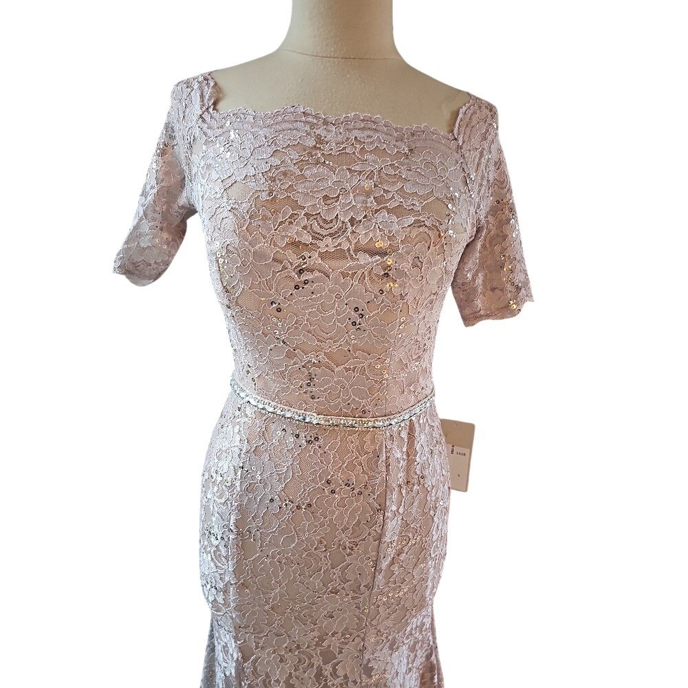 Cindy Collection USA Rose Gold Lace Sequin Mermaid Gown Rhinestone Belt 1638 S - Picture 2 of 13